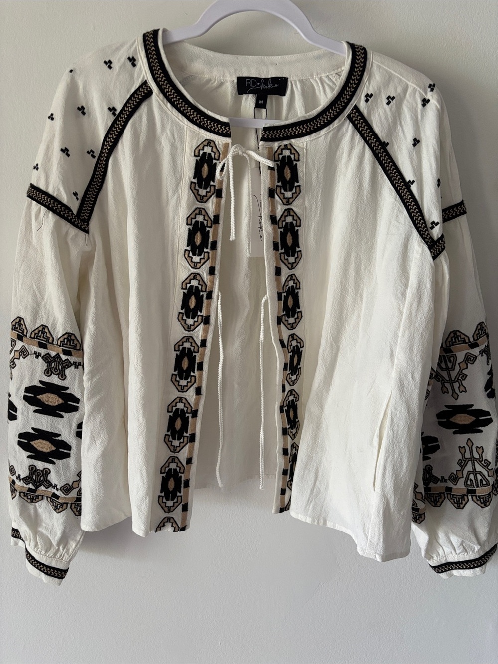 RD Style Cream Embroidered Boho Tie-Front Blouse with Black and Tan Detail M